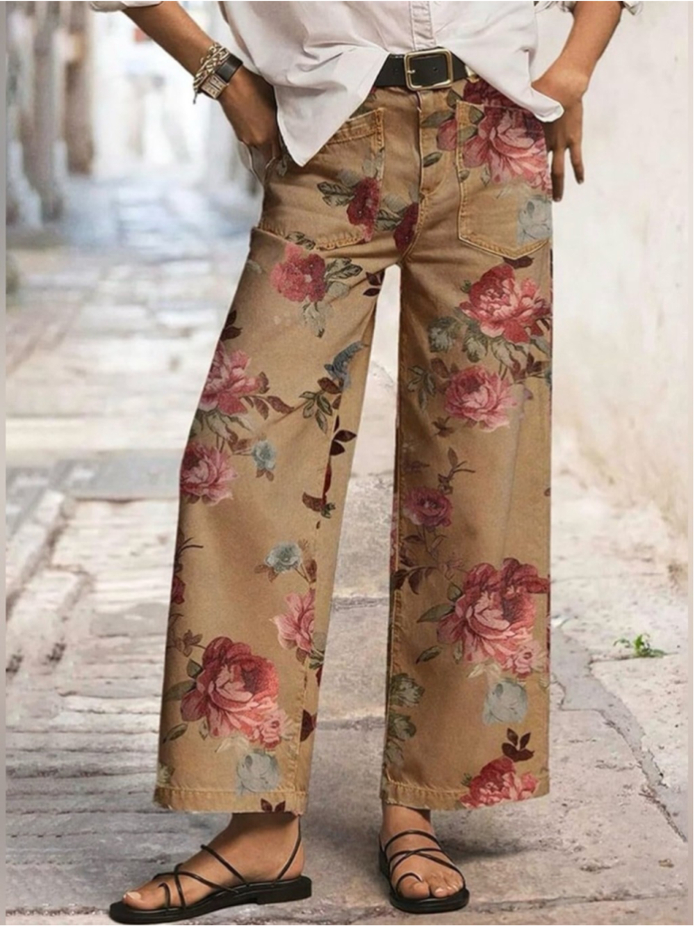 Flamingals Straight Pants High Rise Floral Print Baggy Patch Pocket Trendy Denim - Picture 5 of 6